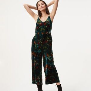 LOFT Dark Green Floral Velvet Wide-Leg Jumpsuit